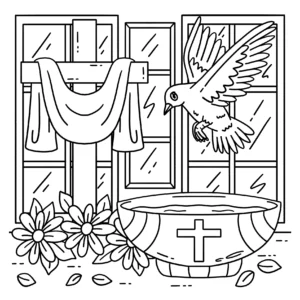 Chrzcielnica, gołąb i krzyż
