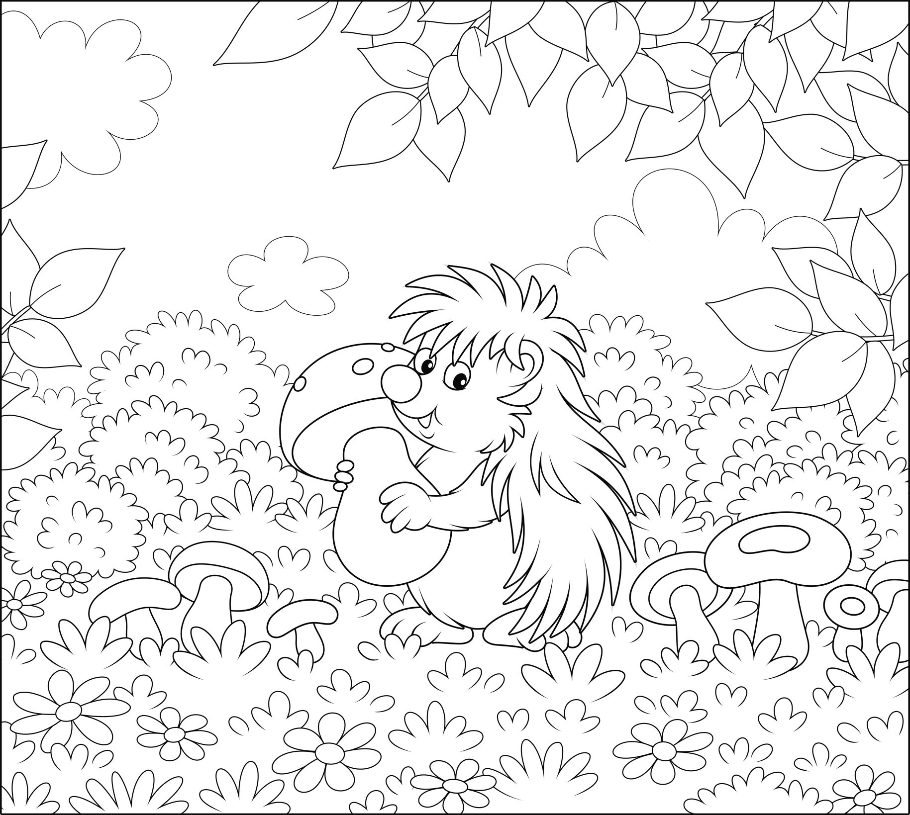 Jeż z grzybem w jesiennym lesie