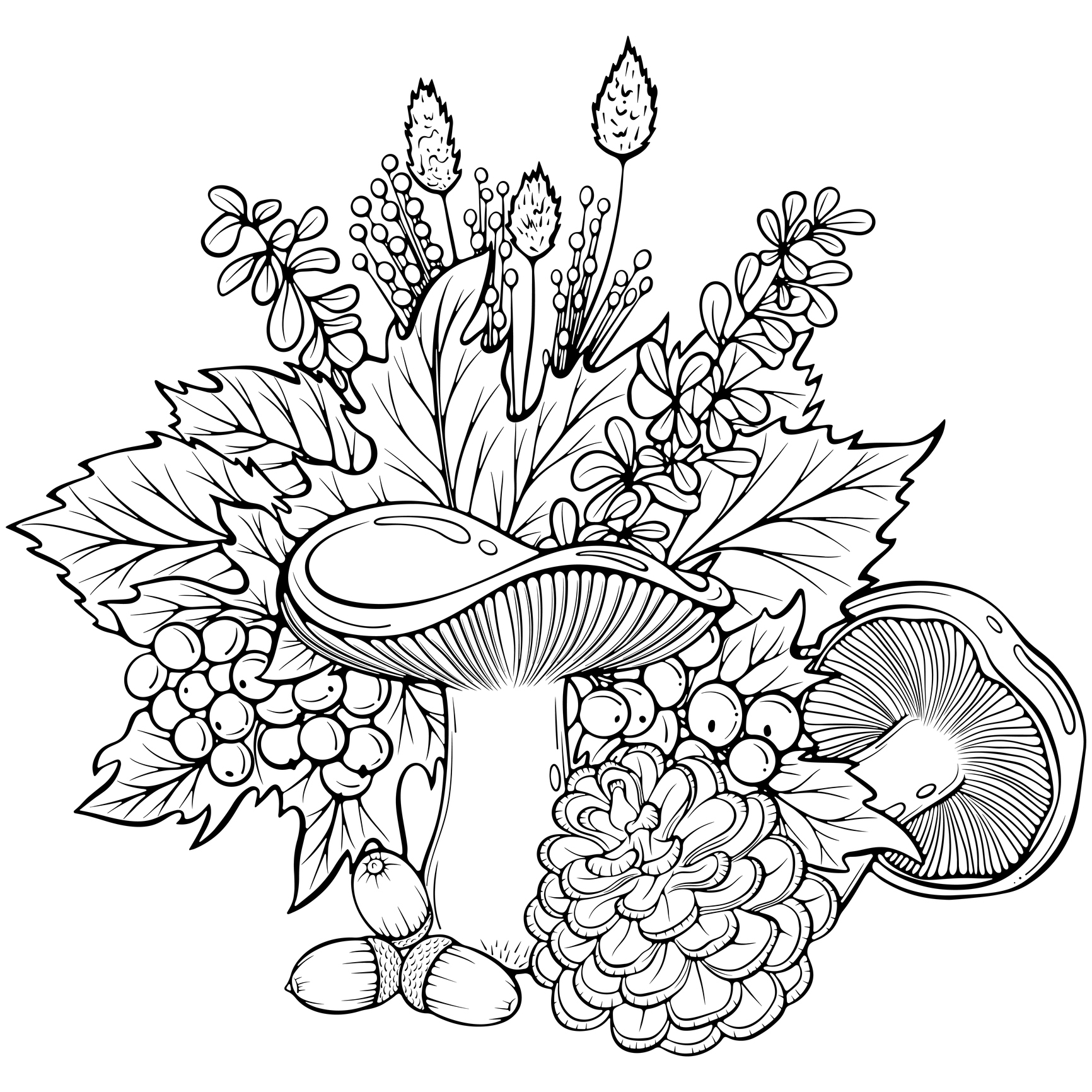 Jesienny bukiet z liści, grzybów i owoców