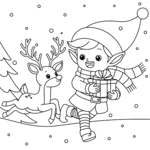 Elf i reniferek w zimowym krajobrazie