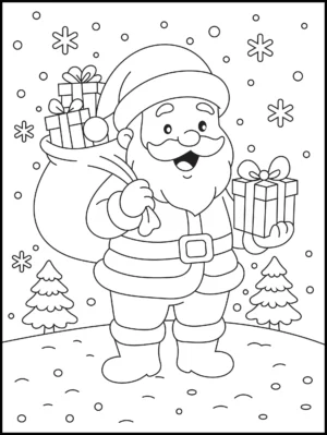 Mikołaj z workiem prezentów w zimie