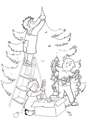 Łucja, Zuzia i Ignacy ubierają choinkę