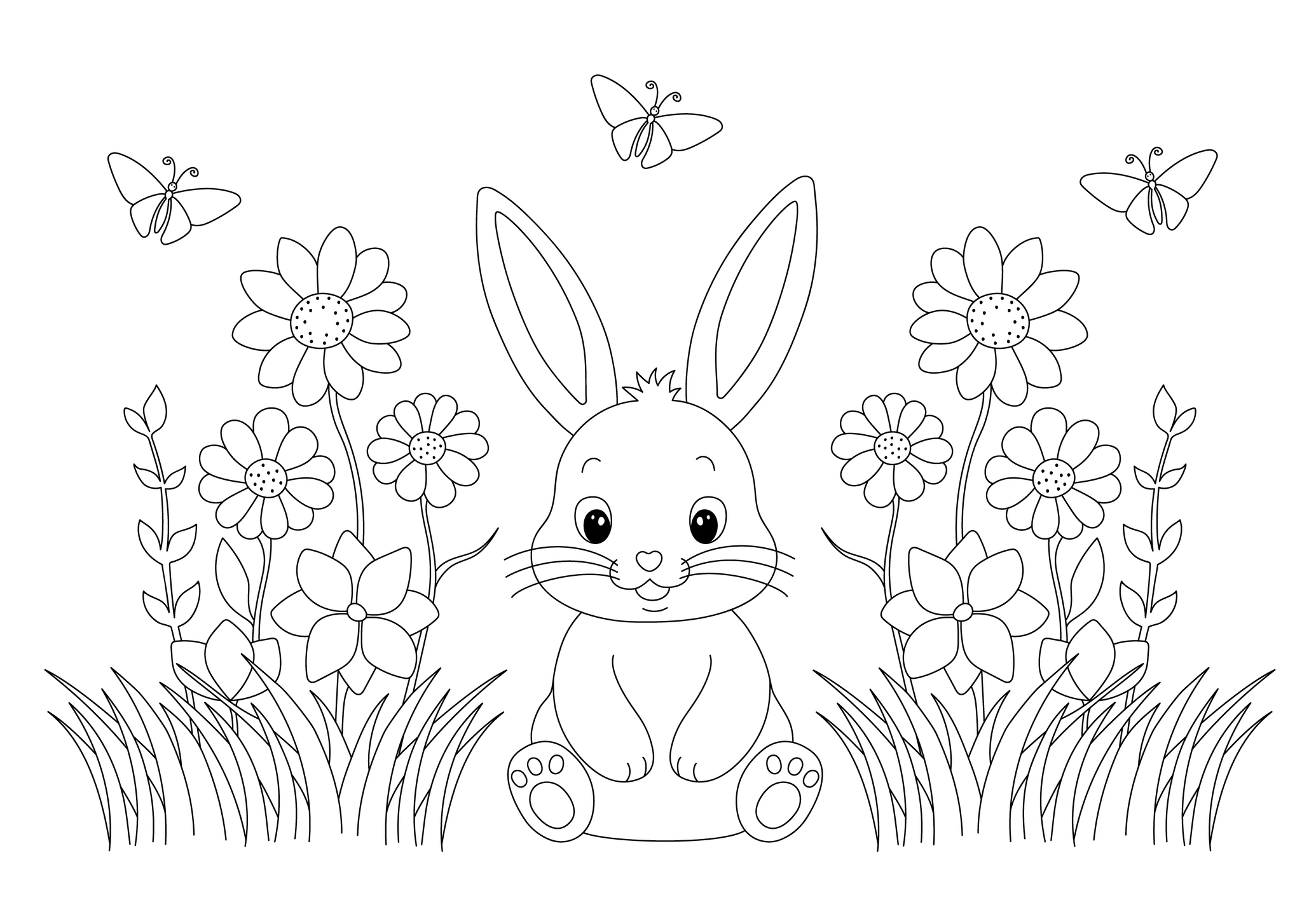 Króliczek wśród kwiatów i motylków