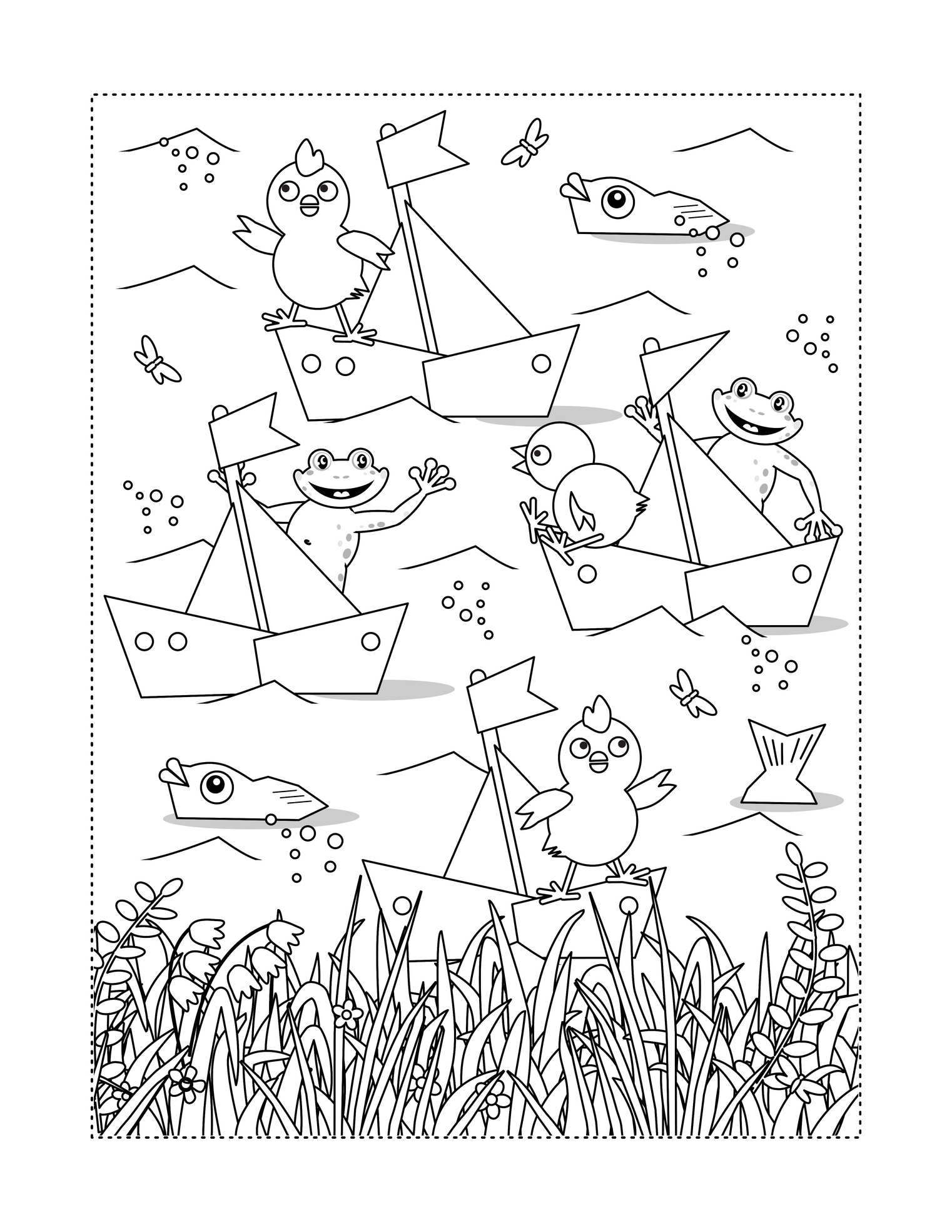 Żabki i kurczęta na papierowych łódeczkach