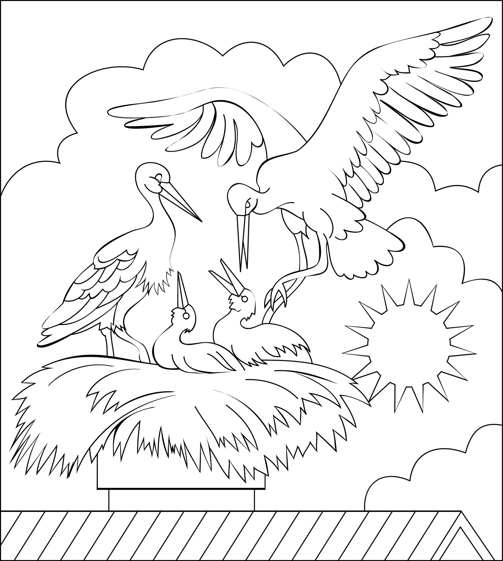 Bociany w gnieździe z młodymi