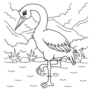 Bocian w stawie na tle gór