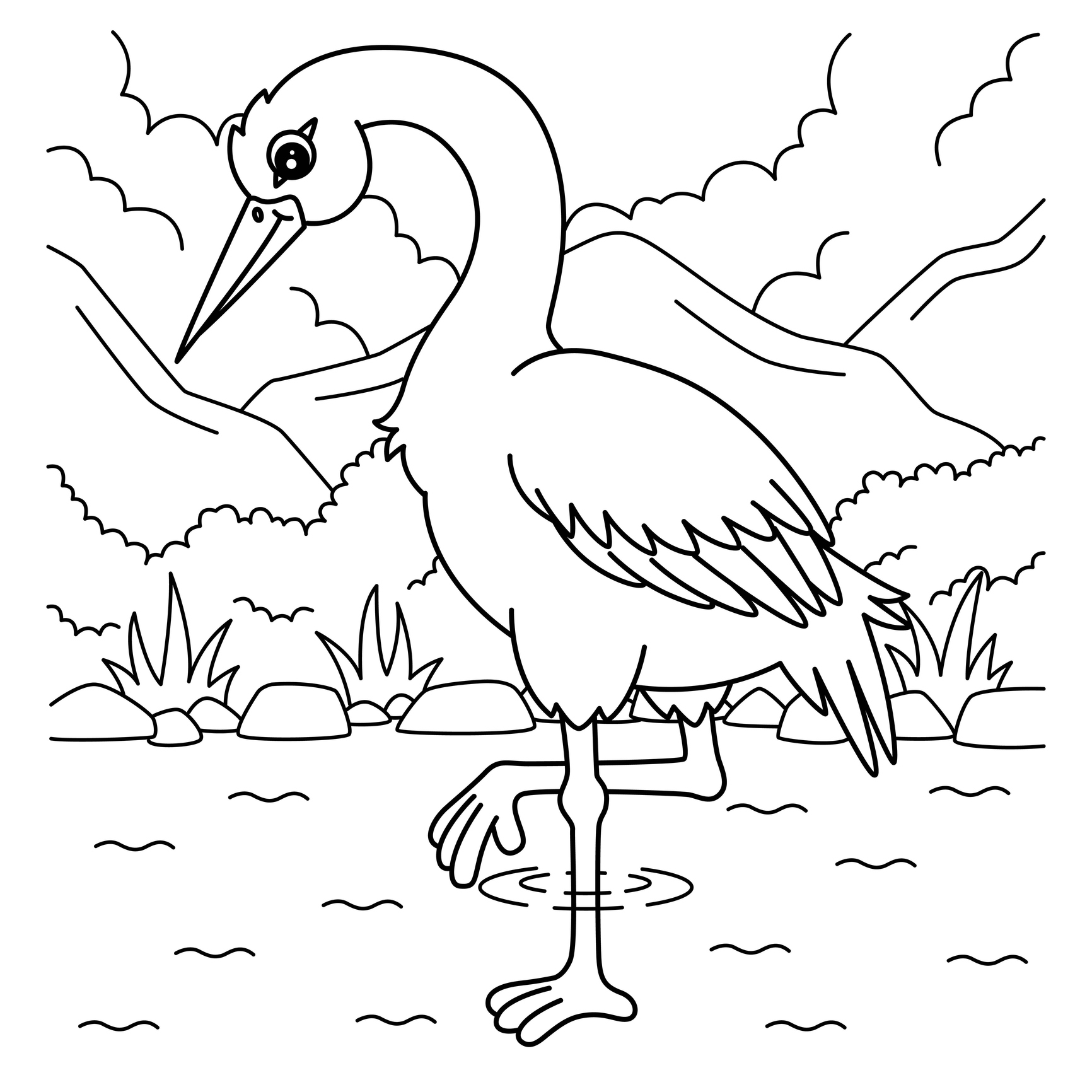 Bocian w stawie na tle gór