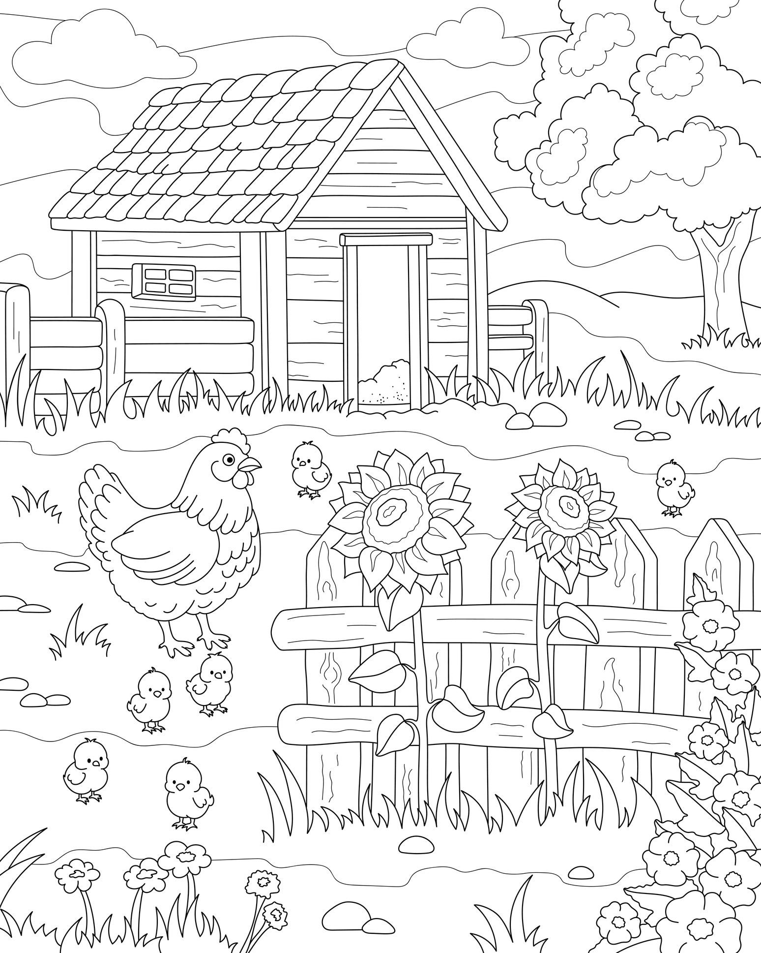 Kura z pisklakami na farmie